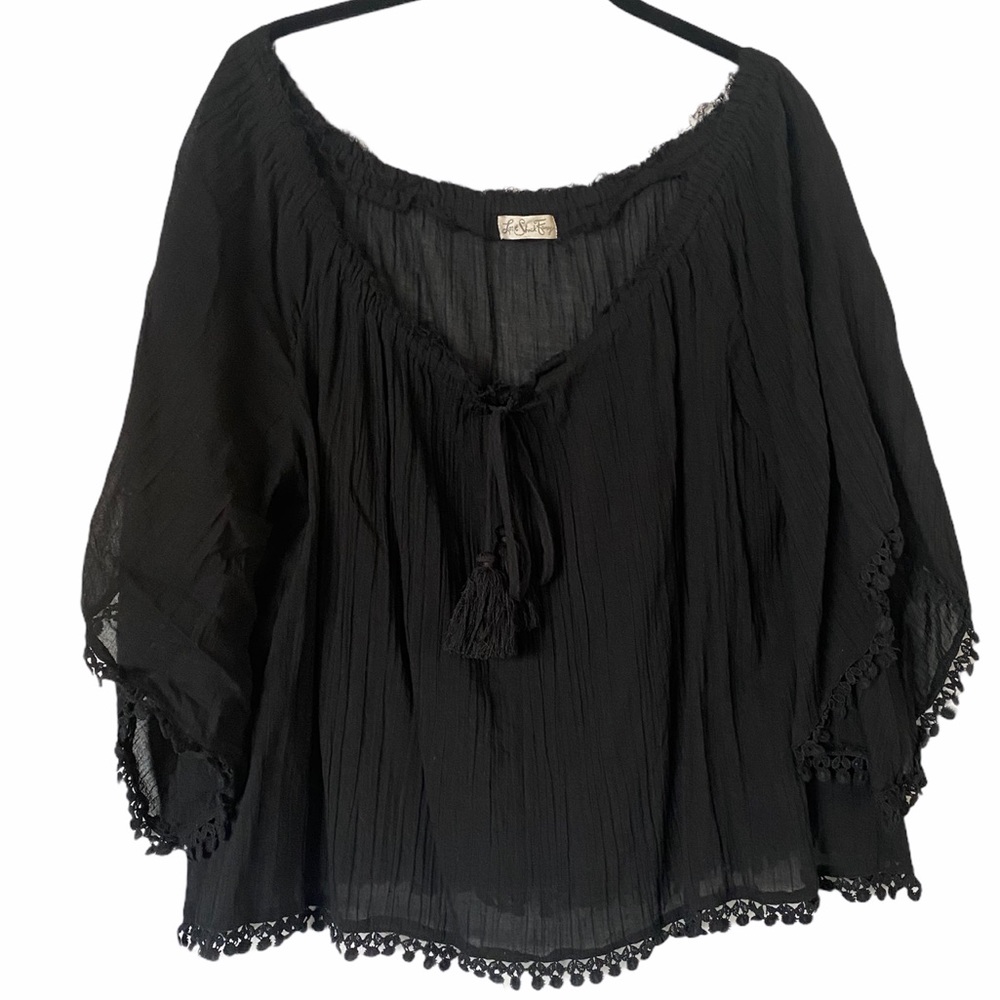 LoveShackFancy Black Cotton Gauze Off the Shoulder Top - Picture 2 of 11